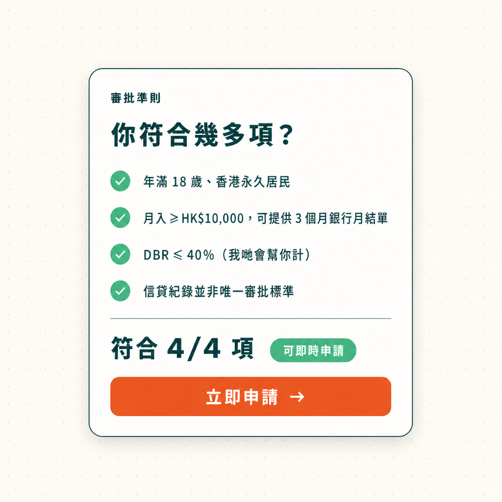 審批 checklist 示意圖：4 項條件 ✓ 全部符合，可即時申請